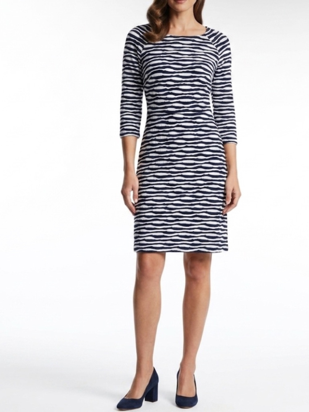 Beige by ECI Navy Blue White Textured Wavy Striped Sheath Dress Side Zip Size 12
